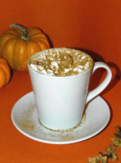 Balkabağı aromalı Special Latte, yanında küçük balkabakları